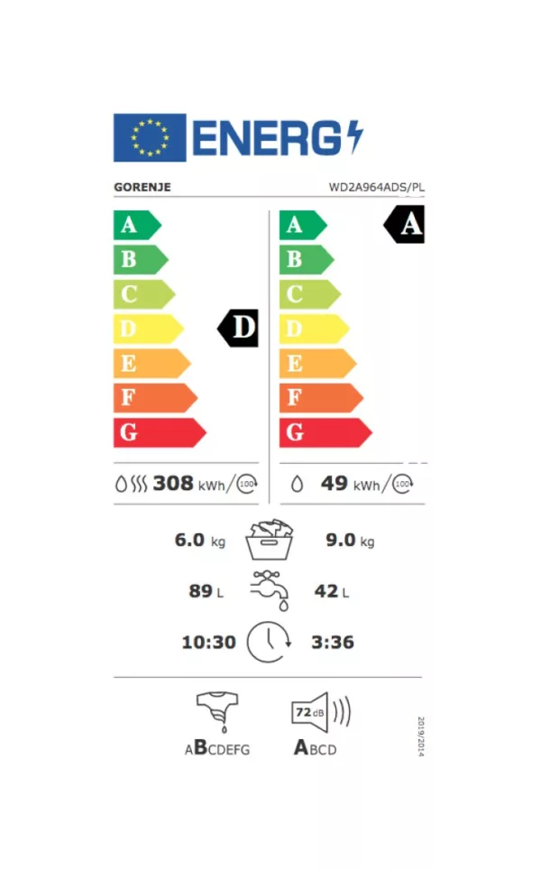Lave-linge séchant Gorenje WD2A964ADS/PL cm. 60 - laver 9 kg - sécher 6 kg - blanc – Image 12